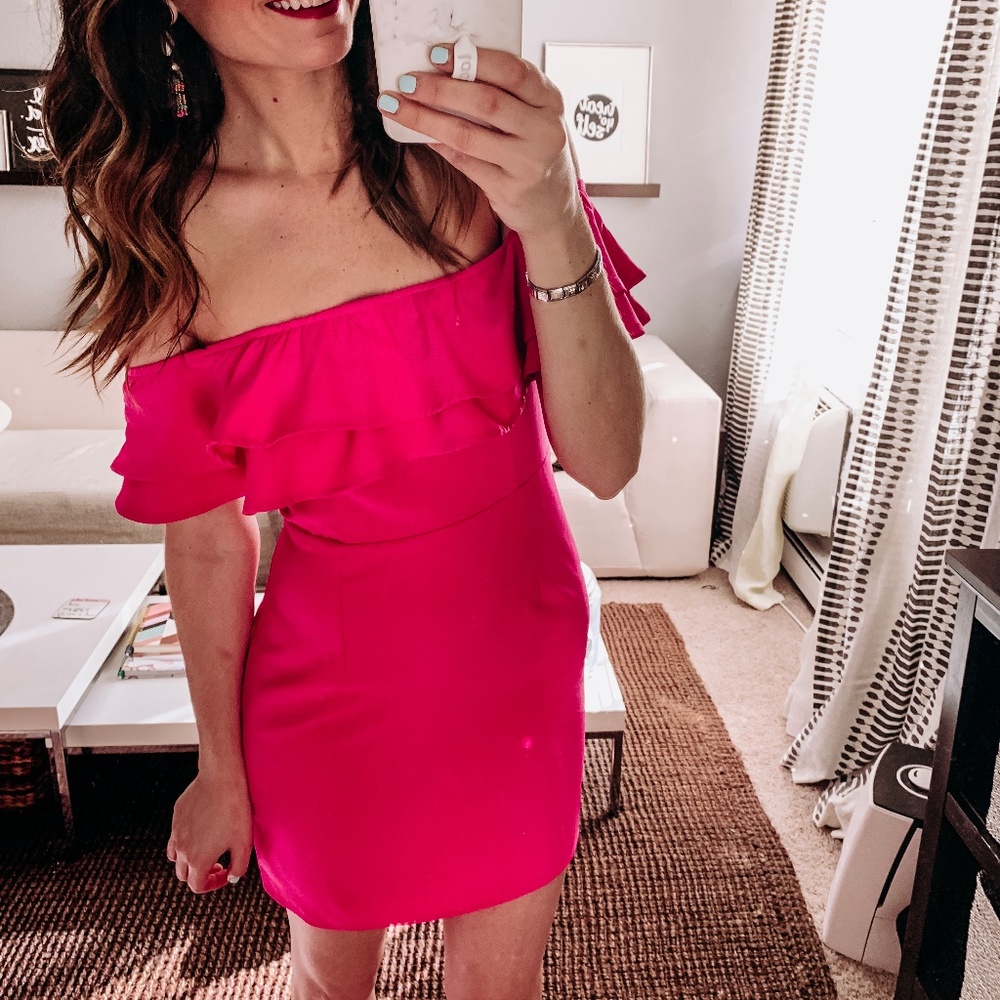 NEW Hot Pink OTS Ruffle Dress